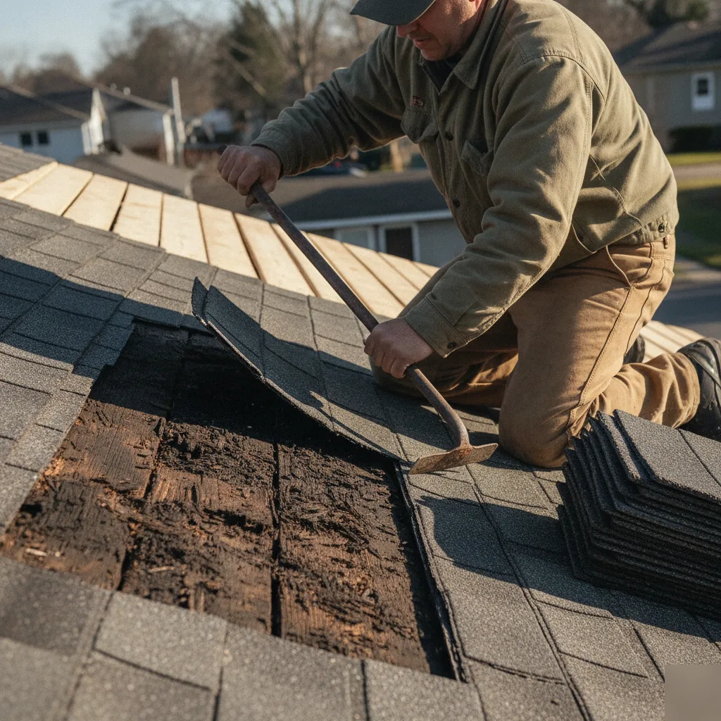 Roof deck rot informing a repair-versus-replace decision in Mason City