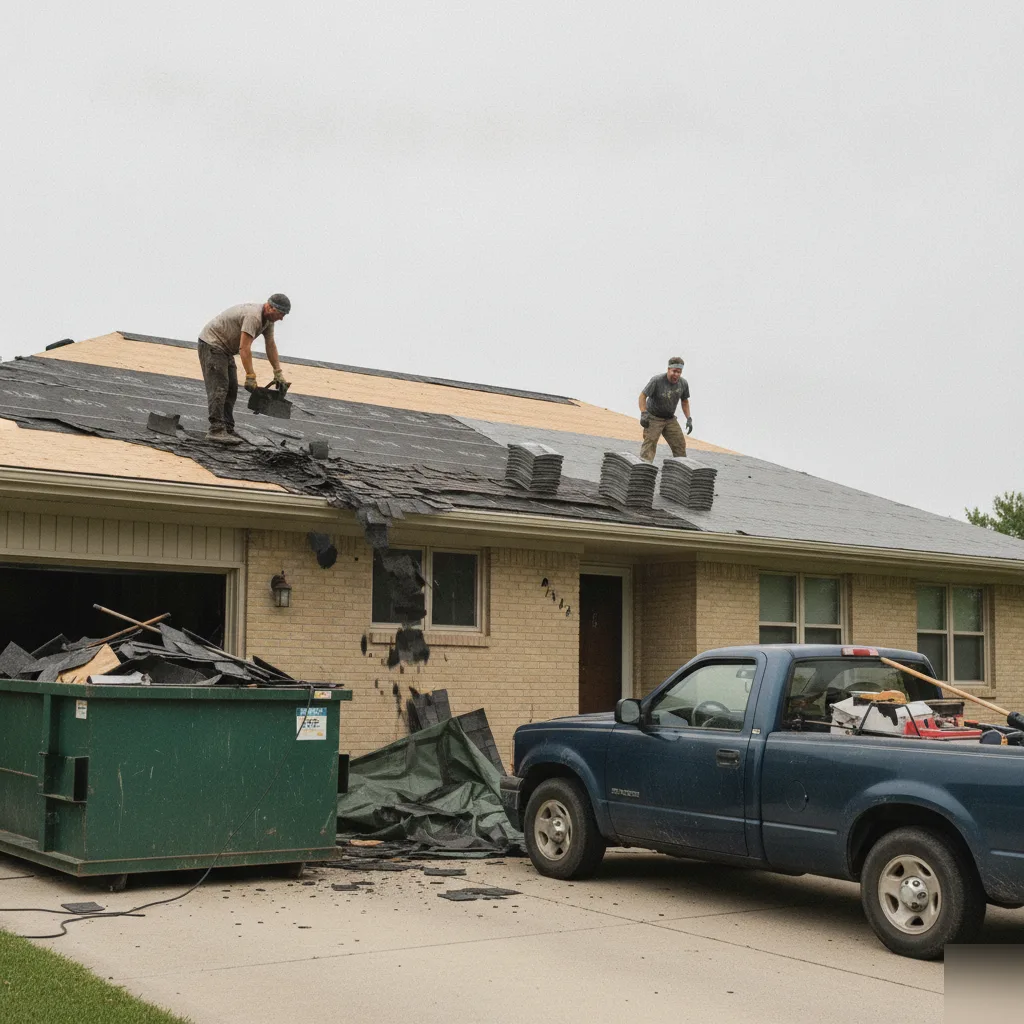 Roofing crew completing a late-summer roof replacement in Mason City, Iowa