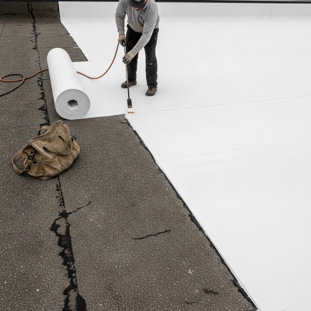 TPO commercial roof replacement installation in Mason City, Iowa