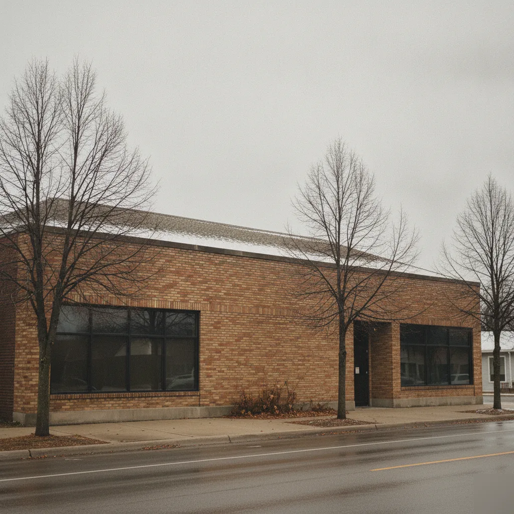 Mason City, Iowa commercial building roof in winter, illustrating climate stress on roof lifespan