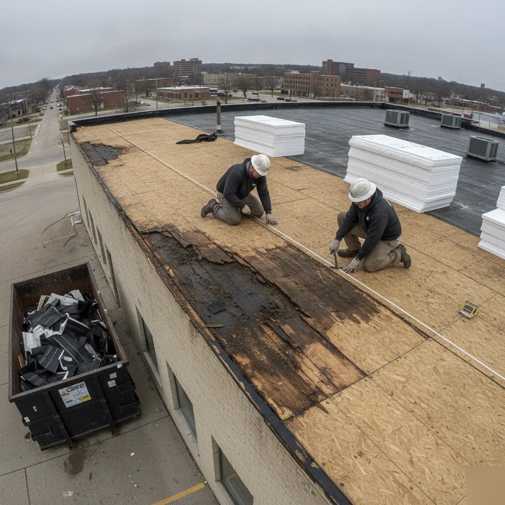 Rotted commercial roof deck exposed during tear-off in Mason City, a major replacement cost