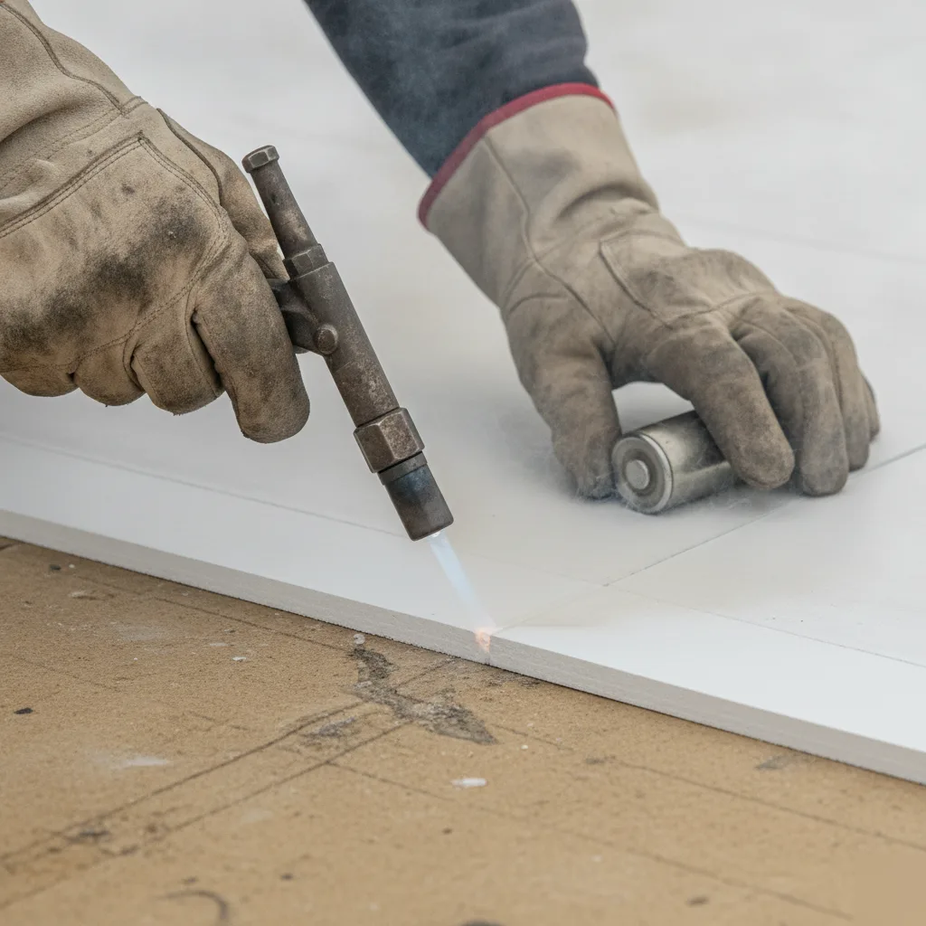 Roofing crew heat-welding TPO seams during a commercial roof replacement in Mason City, showing labor cost