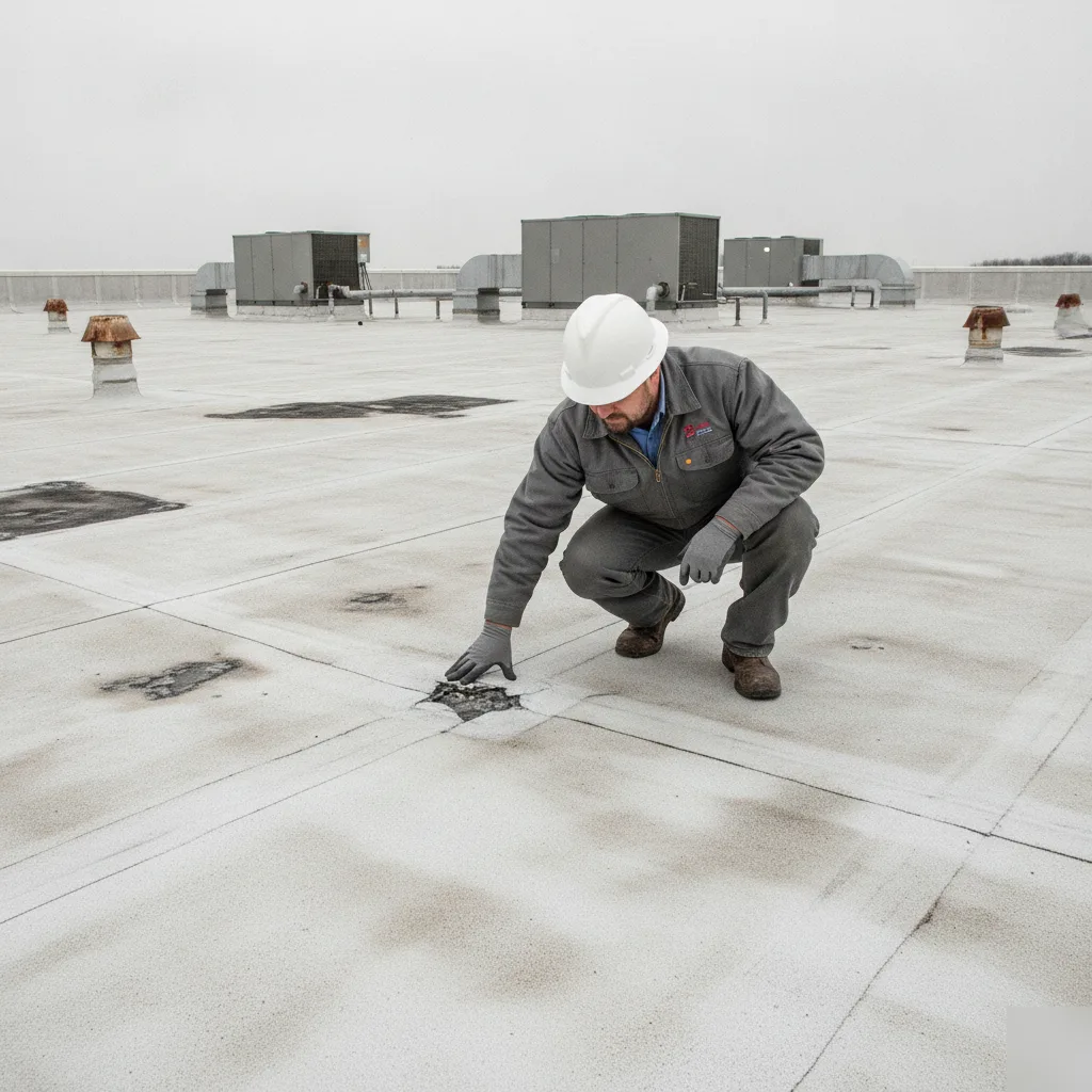 Commercial roof inspection in Mason City to assess deck condition and replacement cost