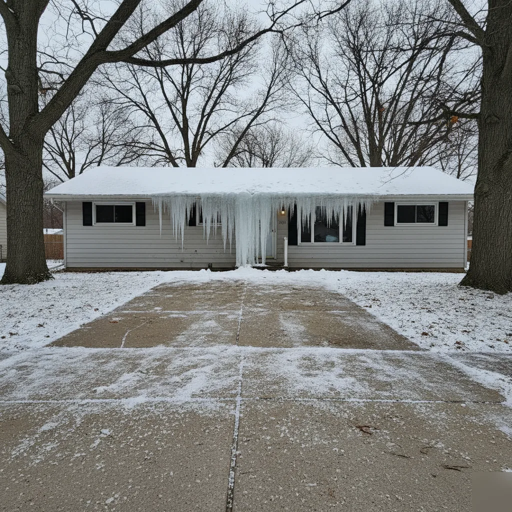 Ice dam forming along a roof eave in winter on a Mason City home