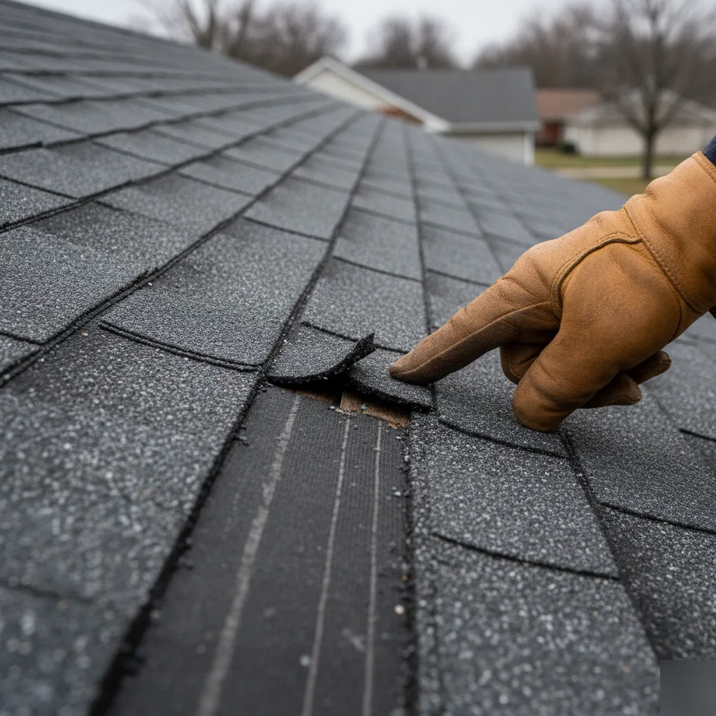 Roof damage assessment showing a lifted shingle with underlayment exposed in Mason City