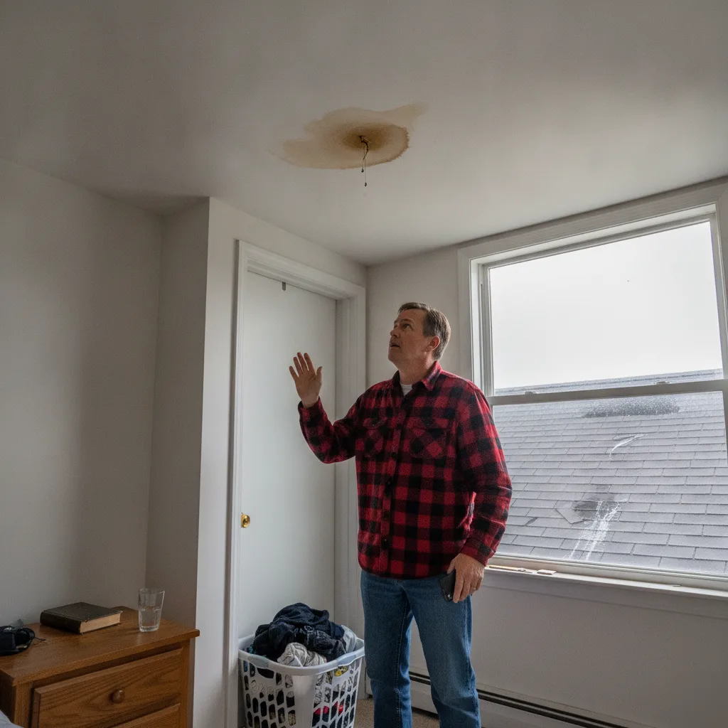Ceiling water stain from a roof leak in a Mason City home