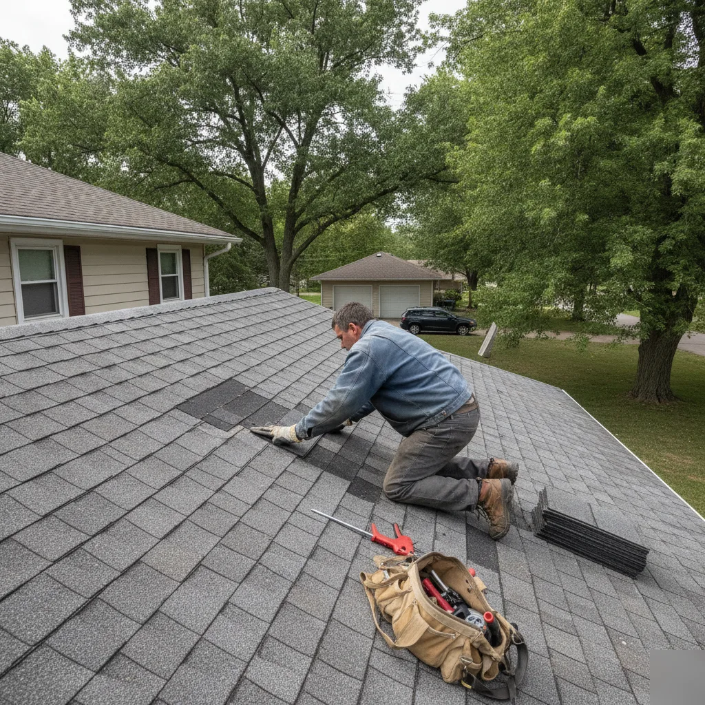 Roofer replacing shingles during a repair on a Mason City home